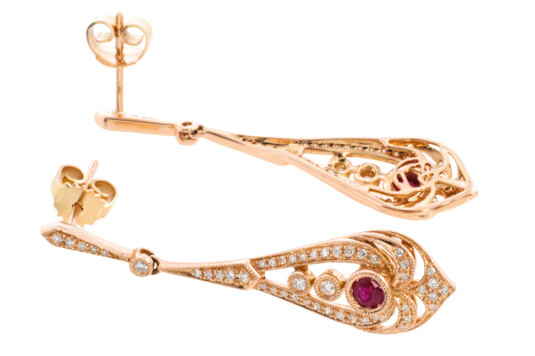 Ruby and diamond pendant earrings in rose gold-Earrings-The Antique Ring Shop