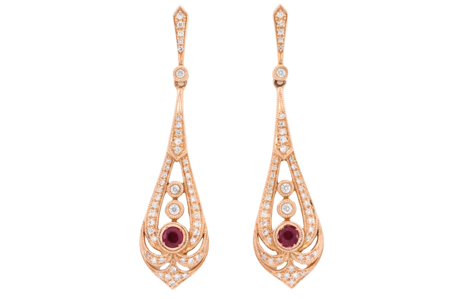 Ruby and diamond pendant earrings in rose gold-Earrings-The Antique Ring Shop