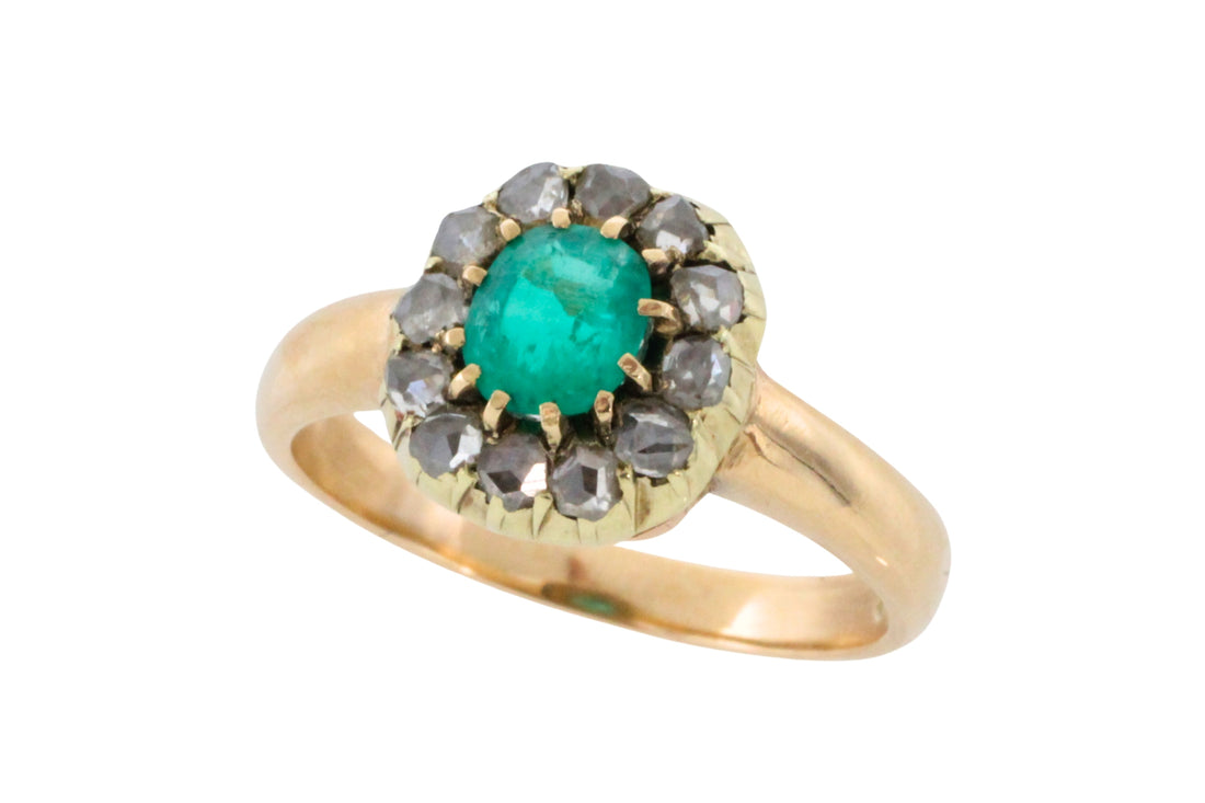 Emerald and rose diamond ring in 14 carat gold-Antique rings-The Antique Ring Shop