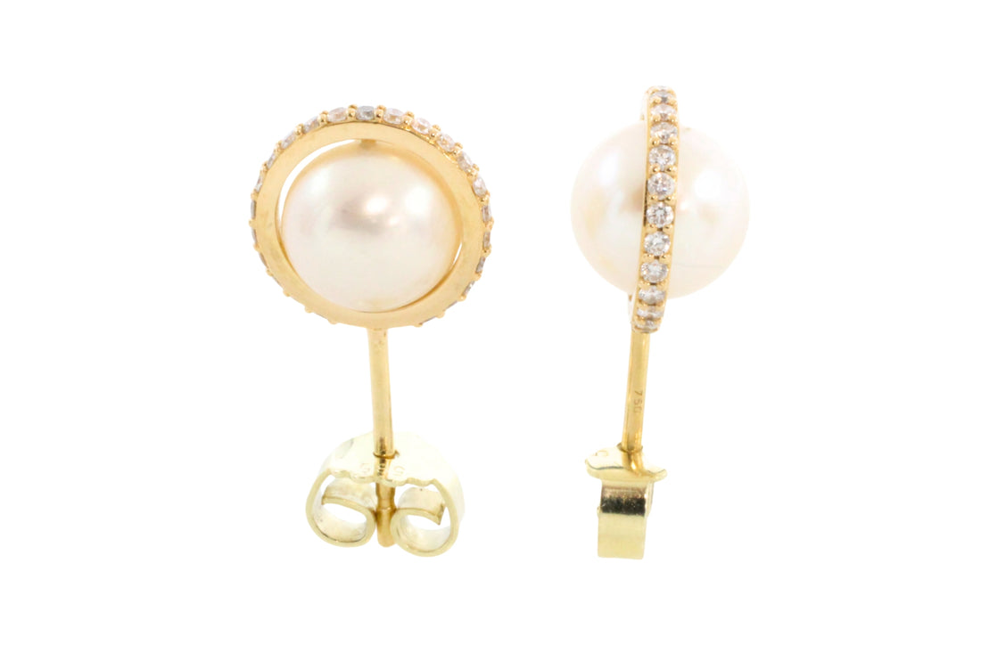 Pearl studs with diamond halos-Earrings-The Antique Ring Shop