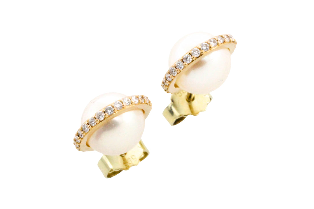 Pearl studs with diamond halos-Earrings-The Antique Ring Shop