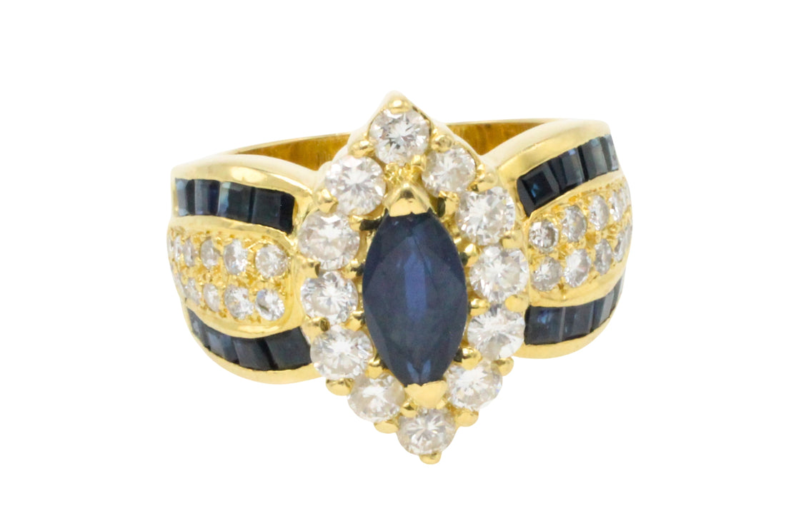 Marquise sapphire and diamond ring in 18 carat gold-Vintage Rings-The Antique Ring Shop