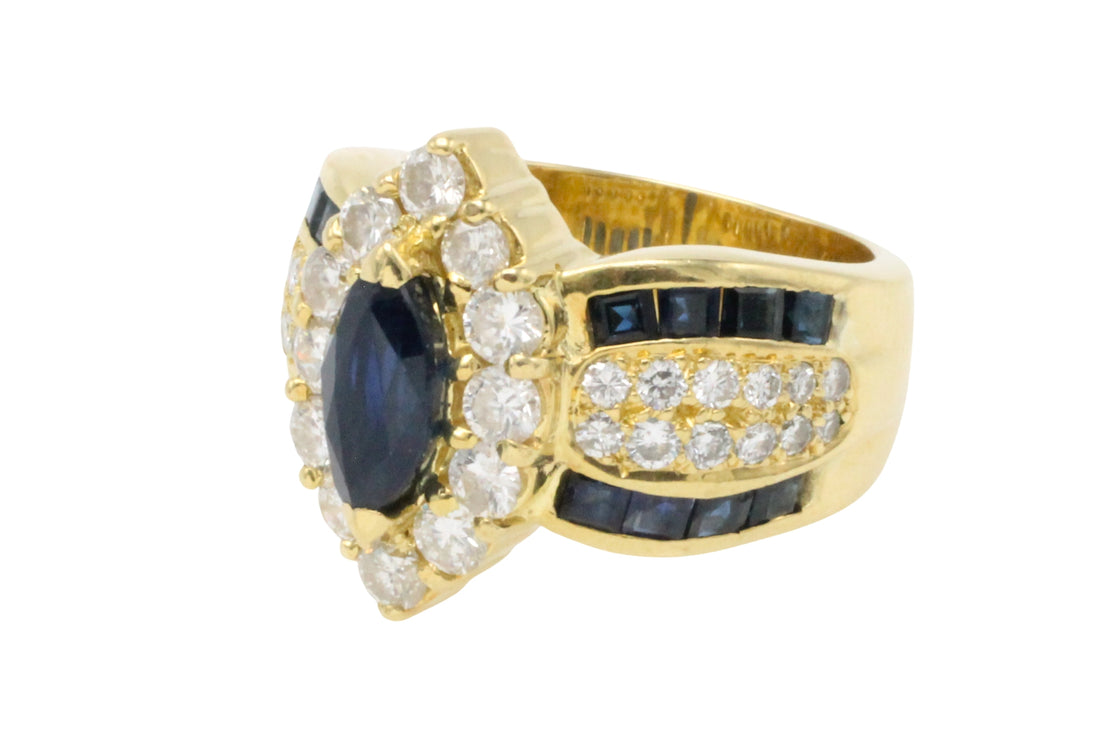 Marquise sapphire and diamond ring in 18 carat gold-Vintage Rings-The Antique Ring Shop