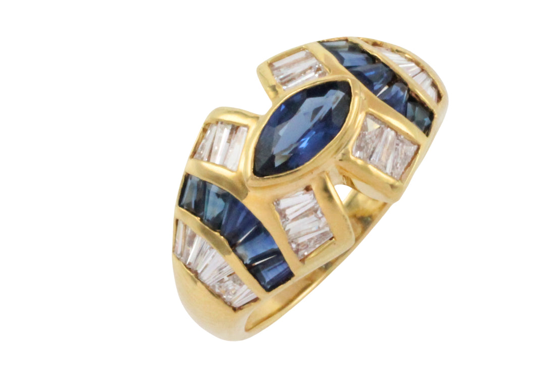Sapphire and baguette cut diamond ring-Vintage Rings-The Antique Ring Shop