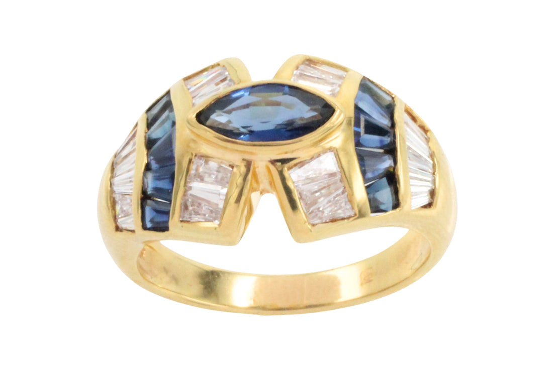 Sapphire and baguette cut diamond ring-Vintage Rings-The Antique Ring Shop