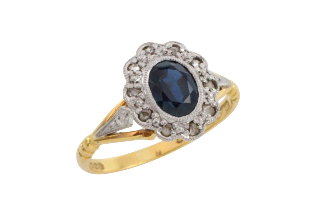 Vintage sapphire and rose diamond ring in 18 carat gold and platinum-engagement rings-The Antique Ring Shop