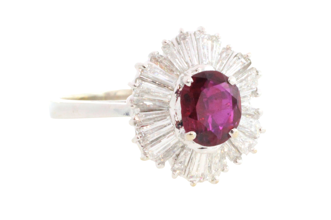 Baguette diamond and ruby ring in white gold