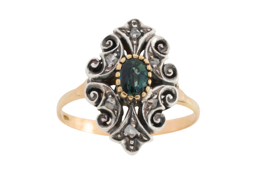 Sapphire and rose diamond ring in silver and gold