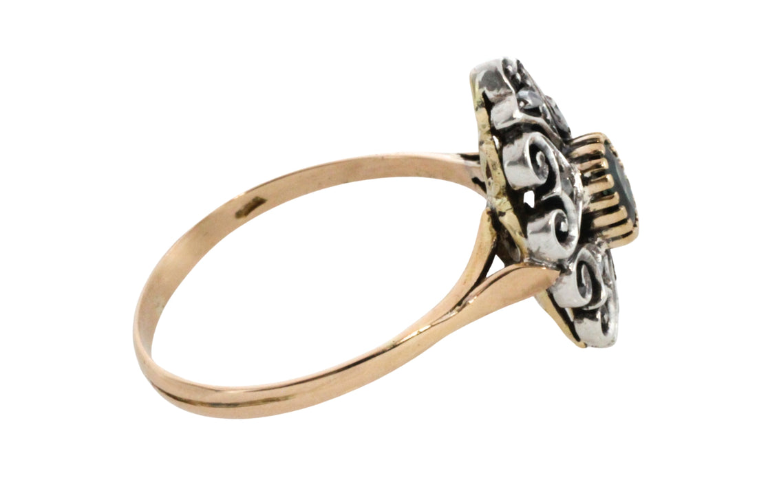 Sapphire and rose diamond ring in silver and gold