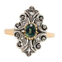 Sapphire and rose diamond ring in silver and gold