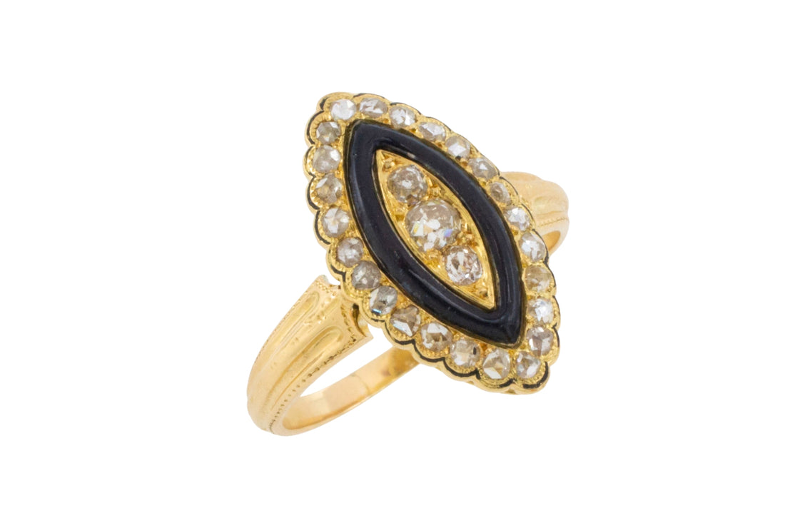 Antique marquise diamond ring with onyx and enamel
