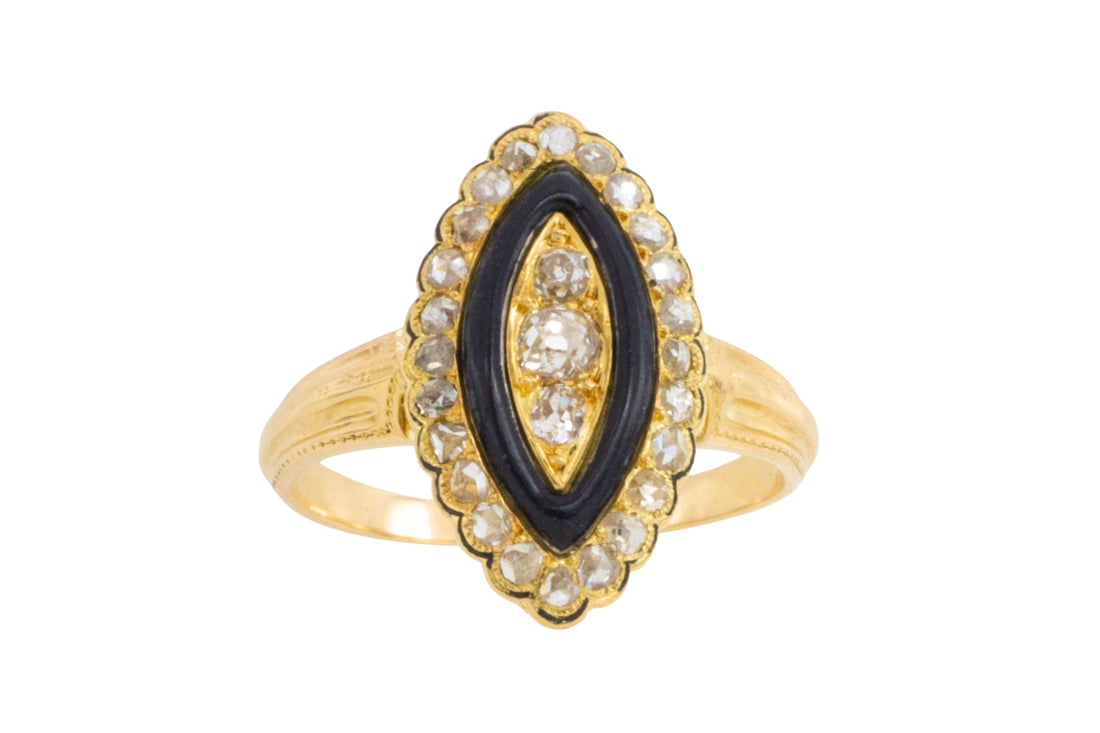 Antique marquise diamond ring with onyx and enamel