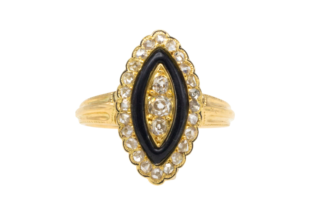 Antique marquise diamond ring with onyx and enamel