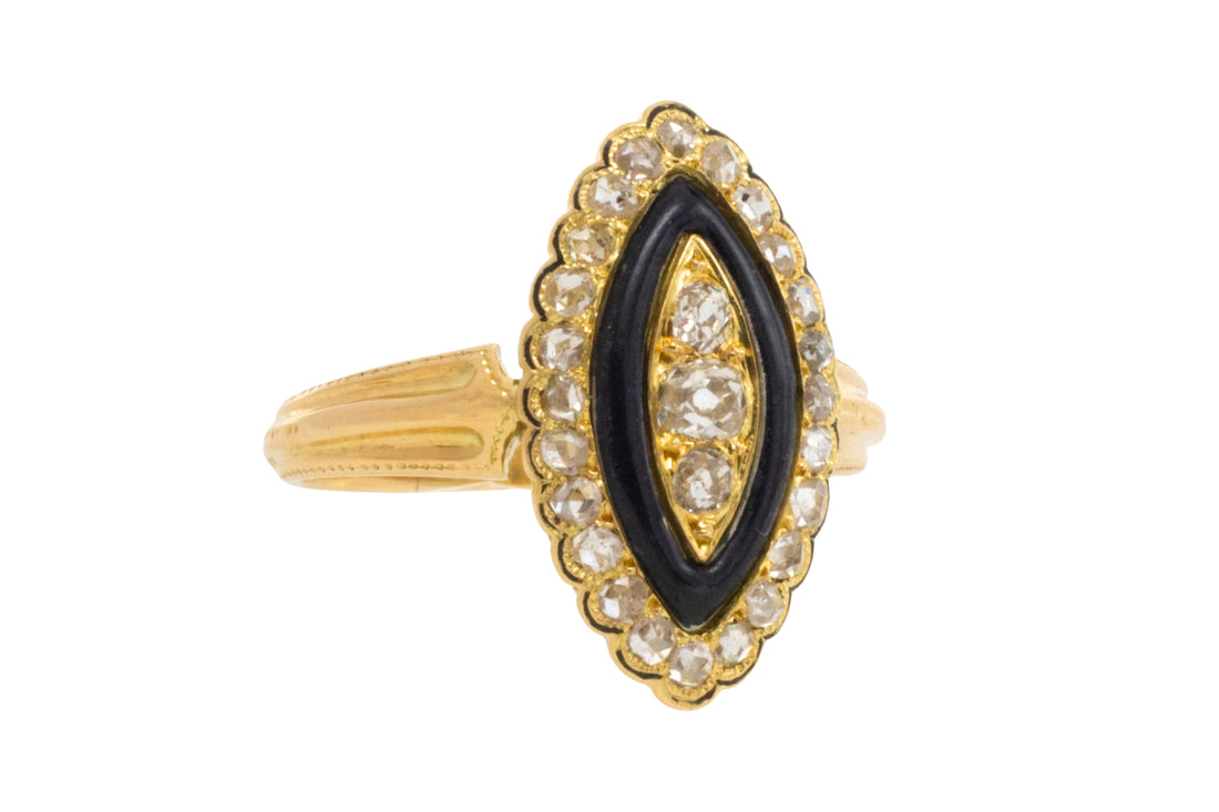 Antique marquise diamond ring with onyx and enamel
