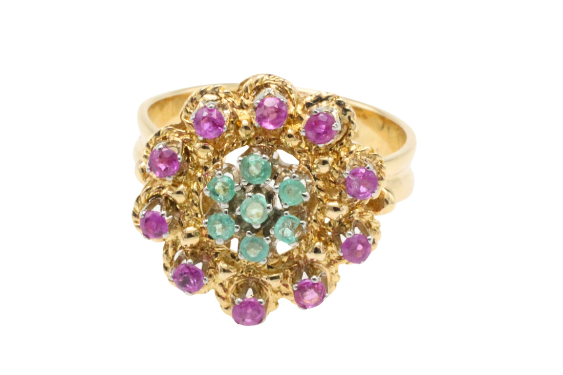 Emerald and ruby cluster ring