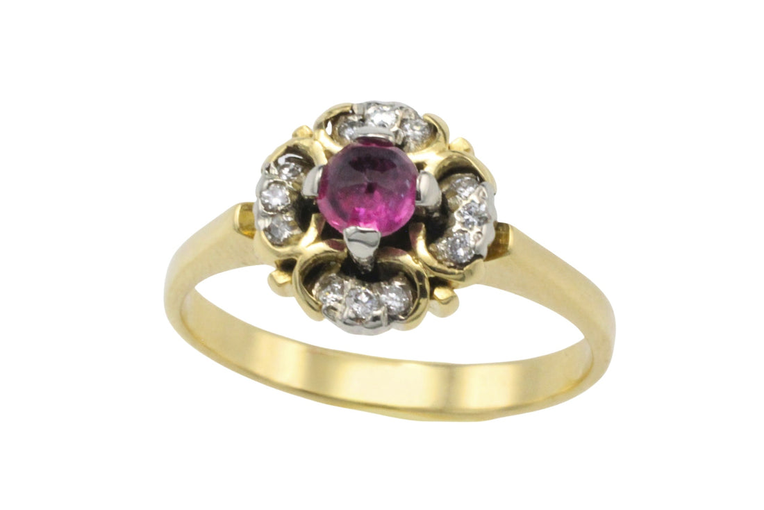 Ruby and diamond cluster ring in 18 carat gold-Vintage Rings-The Antique Ring Shop