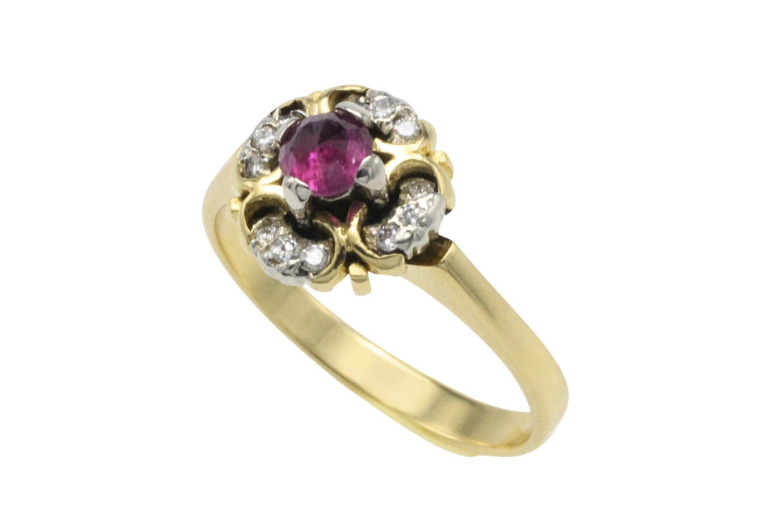 Ruby and diamond cluster ring in 18 carat gold-Vintage Rings-The Antique Ring Shop