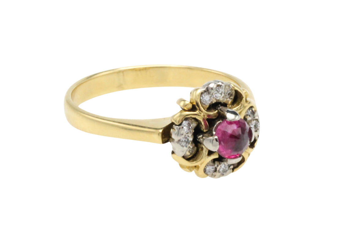 Ruby and diamond cluster ring in 18 carat gold-Vintage Rings-The Antique Ring Shop