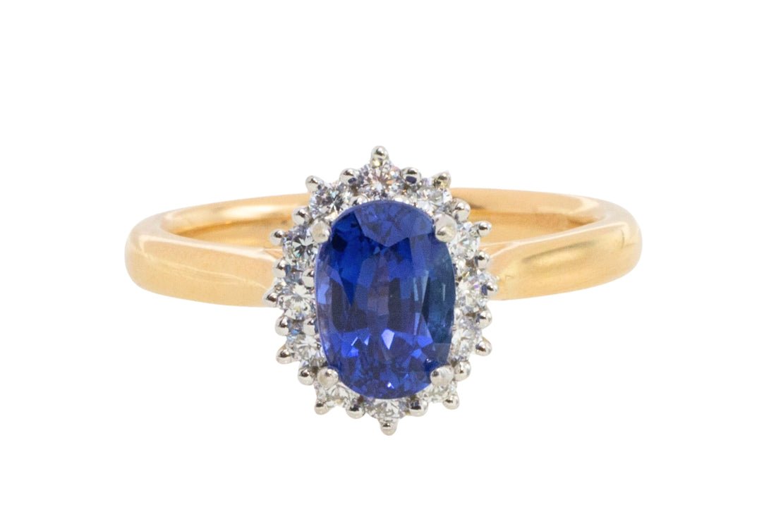 Sapphire and diamond cluster ring in 18 carat gold