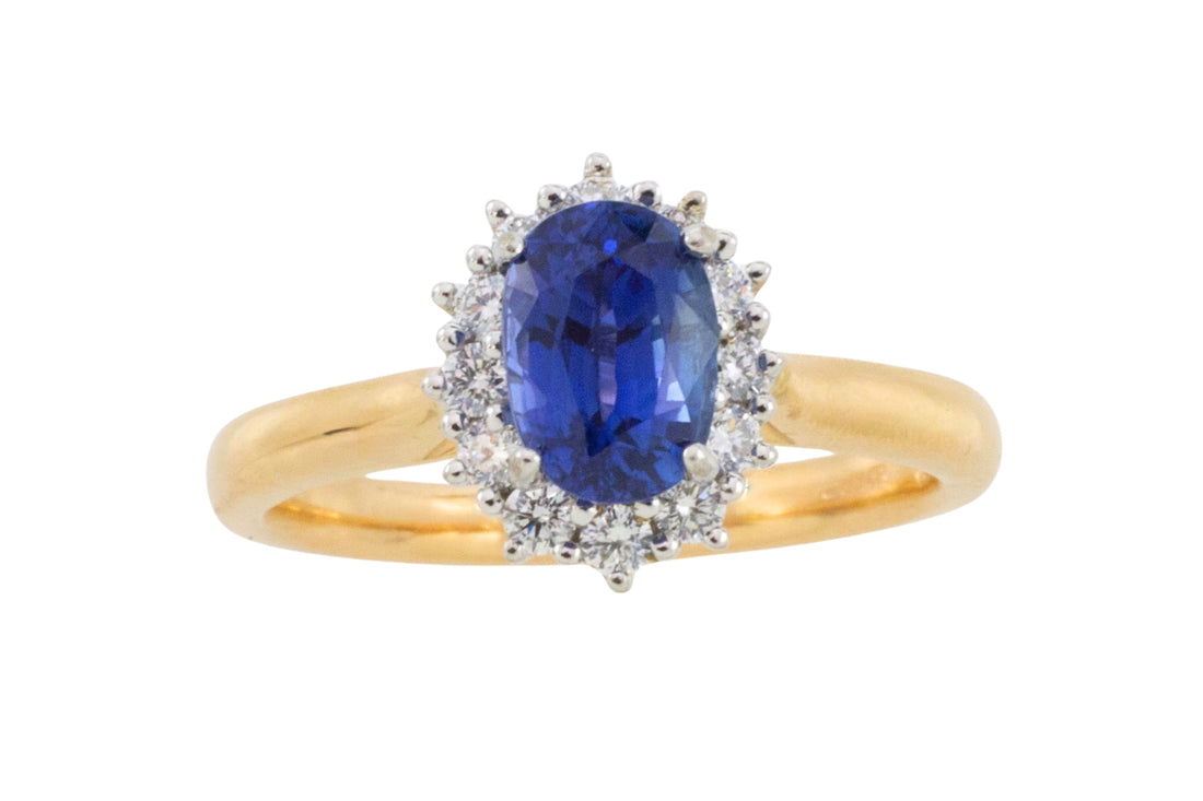 Sapphire and diamond cluster ring in 18 carat gold