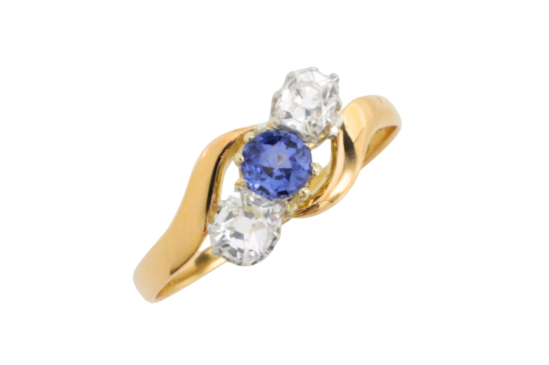 Victorian sapphire and old cut diamond swirl ring