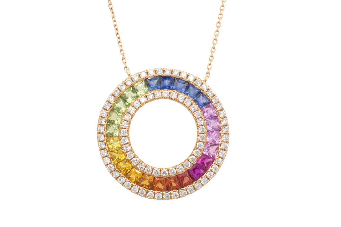Multi colored carre cut sapphire and diamond pendant