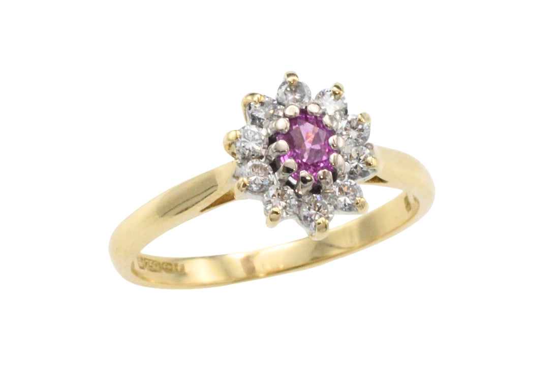 Vintage roze saffier en diamanten ring