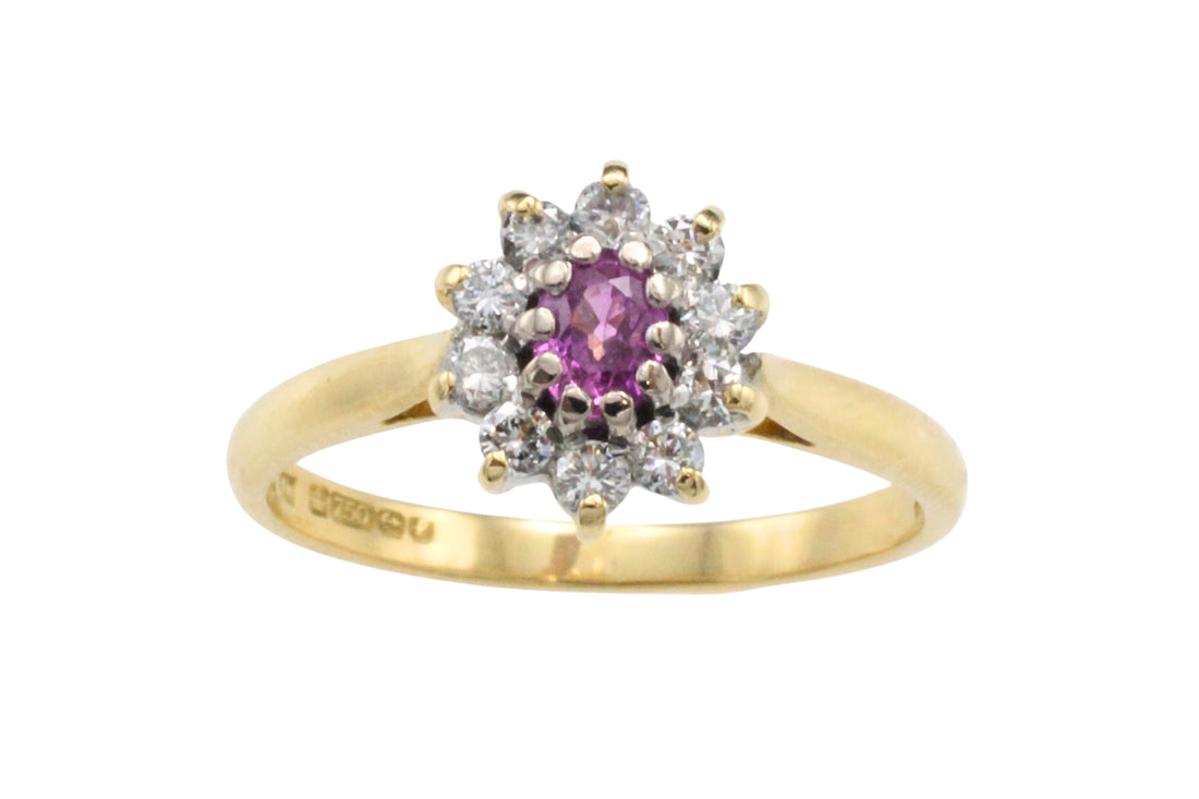 Vintage roze saffier en diamanten ring
