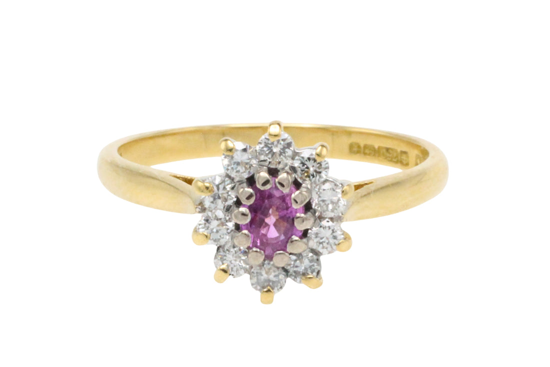 Vintage roze saffier en diamanten ring