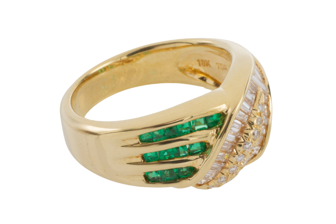 Baguette and brilliant cut diamond ring with emeralds-vintage rings-The Antique Ring Shop