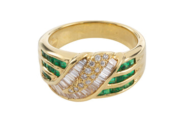 Baguette and brilliant cut diamond ring with emeralds-vintage rings-The Antique Ring Shop