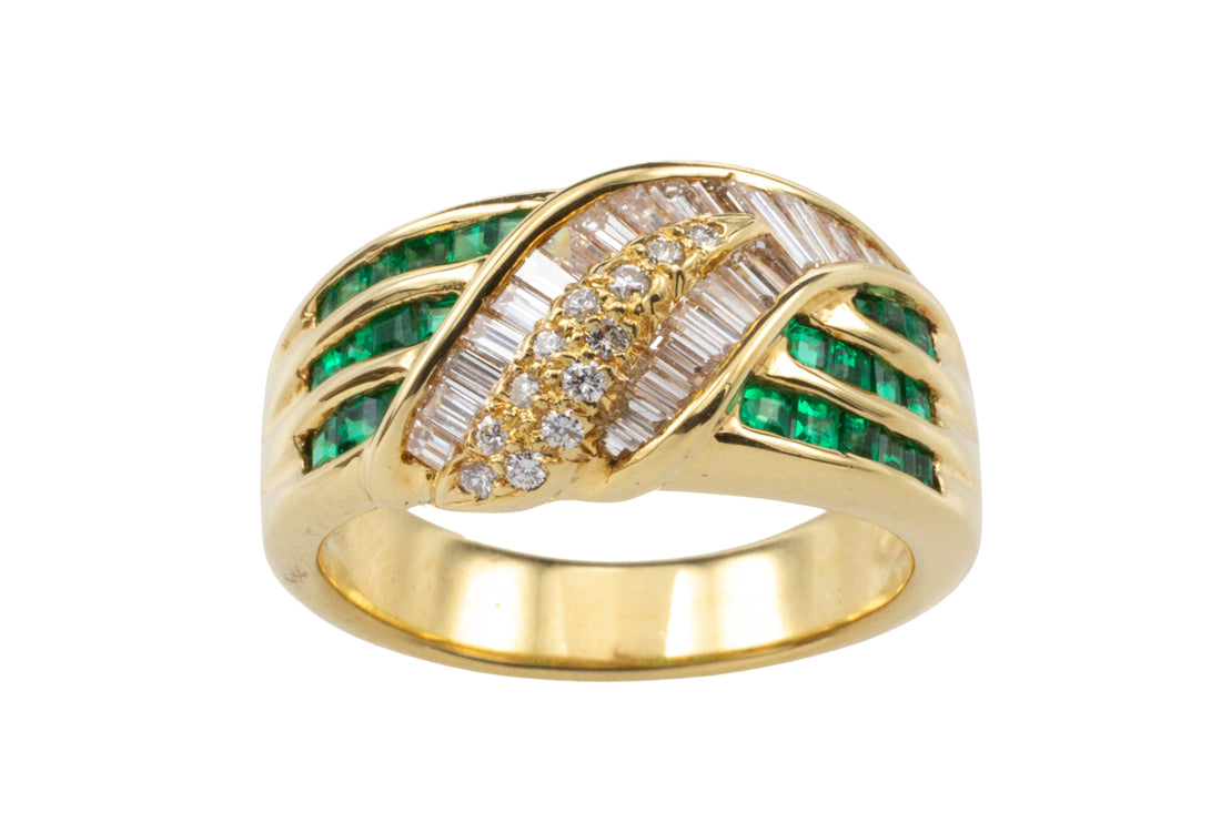 Baguette and brilliant cut diamond ring with emeralds-vintage rings-The Antique Ring Shop