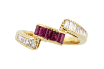 Bageutte ruby and diamond ring in 18 carat gold-vintage rings-The Antique Ring Shop