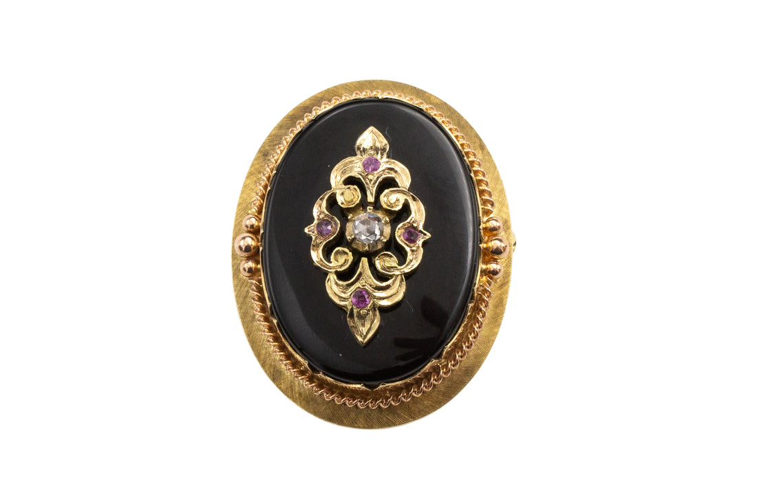 Antique gold pendant or brooch with onyx, a rose diamond and rubies in silver-Pendants-The Antique Ring Shop