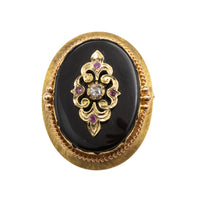 Antique gold pendant or brooch with onyx, a rose diamond and rubies in silver-Pendants-The Antique Ring Shop