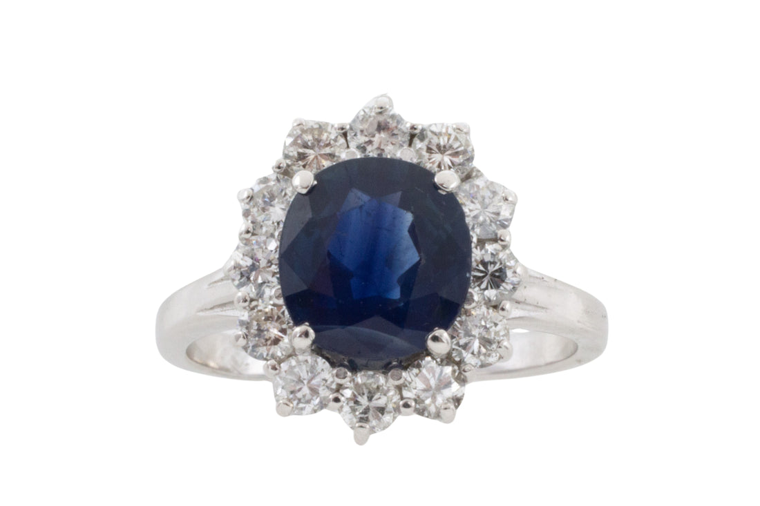 Sapphire and diamond cluster ring in white gold-engagement rings-The Antique Ring Shop