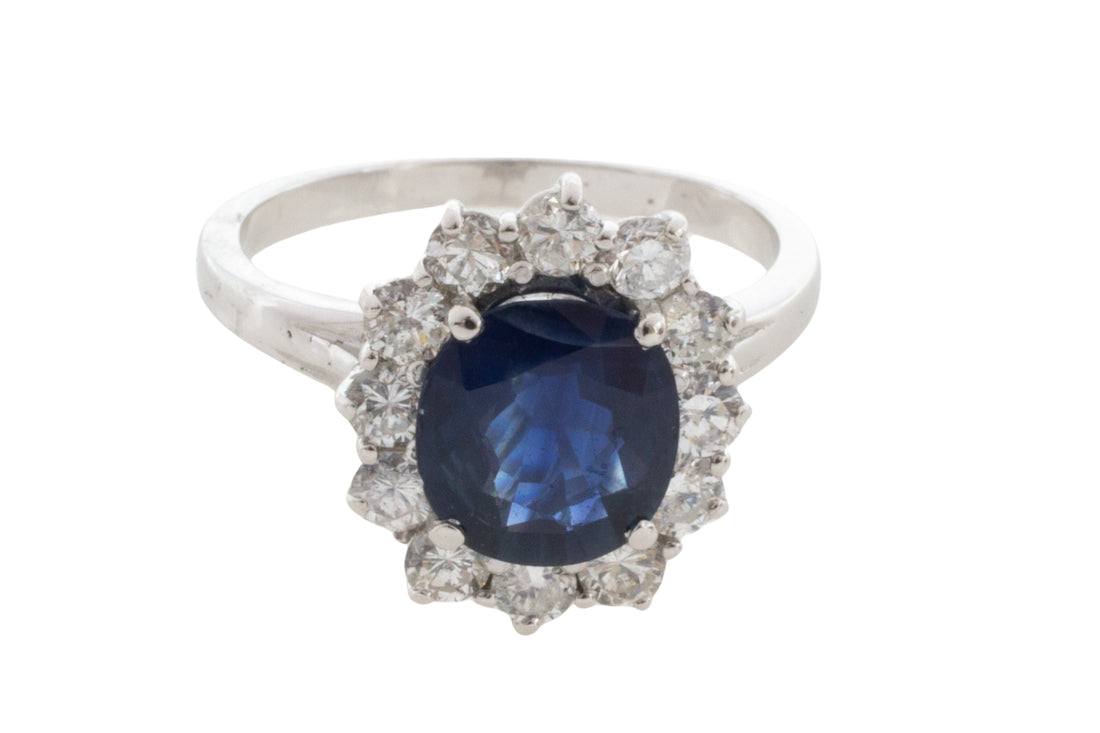Sapphire and diamond cluster ring in white gold-engagement rings-The Antique Ring Shop