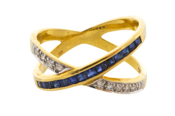 Sapphire and dimoand crossover ring-Vintage Rings-The Antique Ring Shop