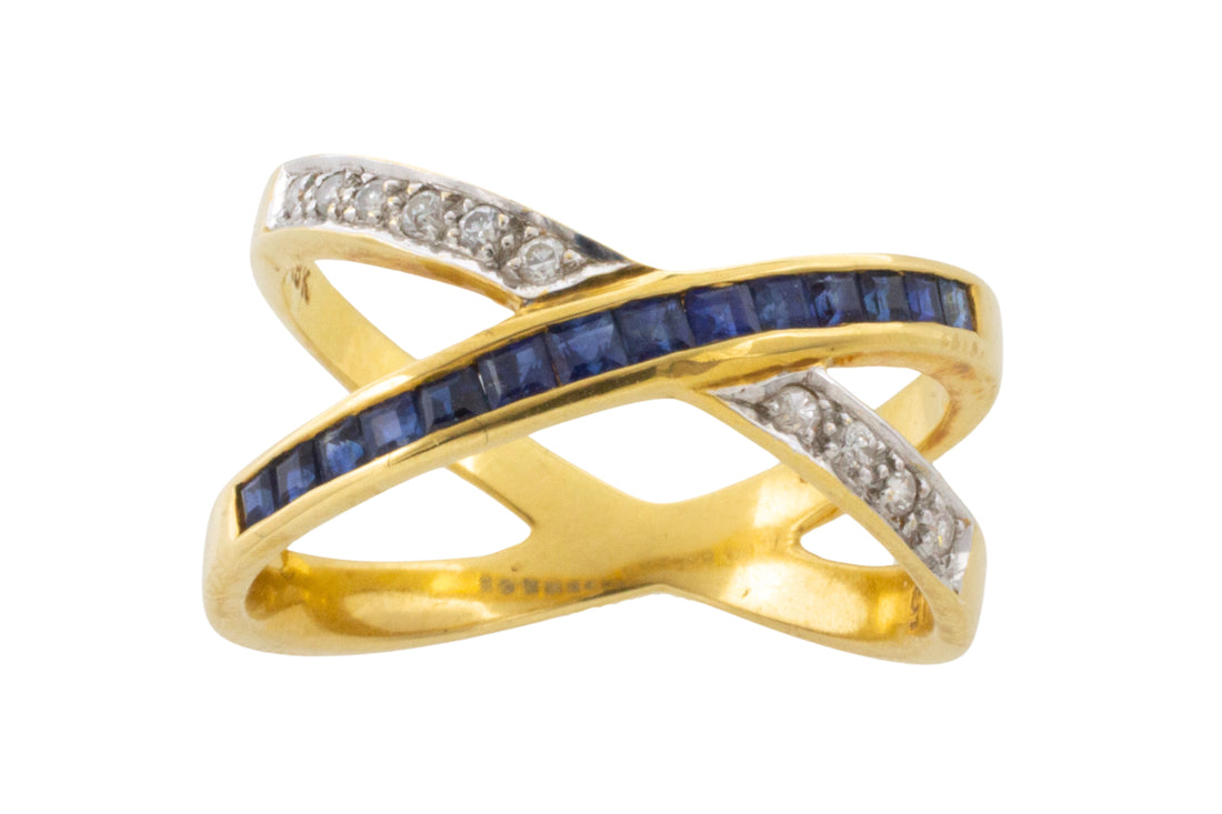 Sapphire and dimoand crossover ring-Vintage Rings-The Antique Ring Shop