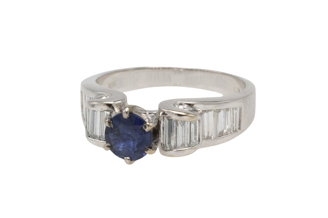 White gold ring with baguette diamonds and sapphire-engagement rings-The Antique Ring Shop