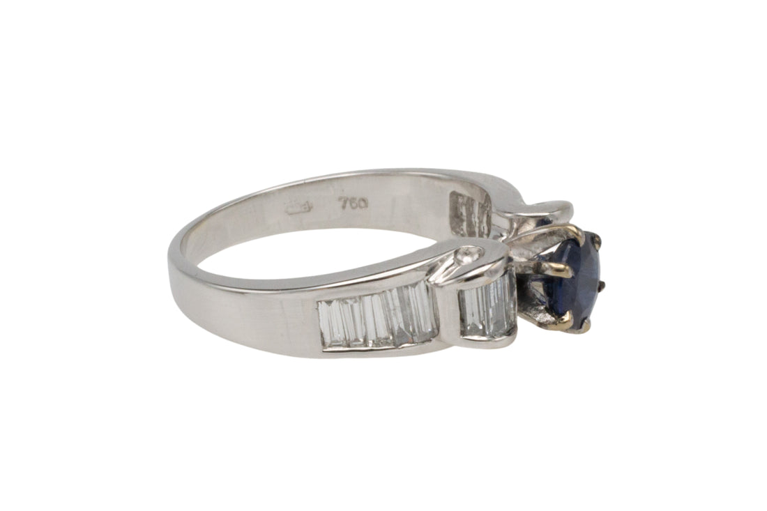 White gold ring with baguette diamonds and sapphire-engagement rings-The Antique Ring Shop