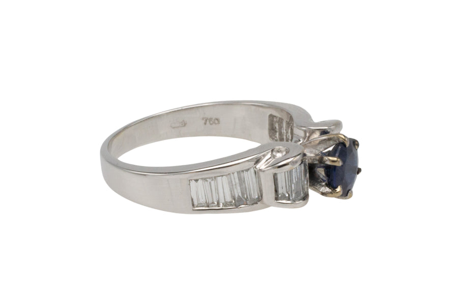 White gold ring with baguette diamonds and sapphire-engagement rings-The Antique Ring Shop