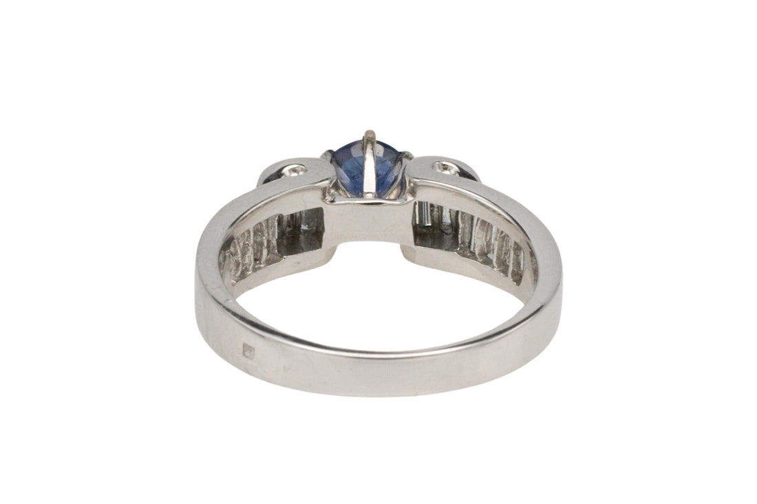 White gold ring with baguette diamonds and sapphire-engagement rings-The Antique Ring Shop