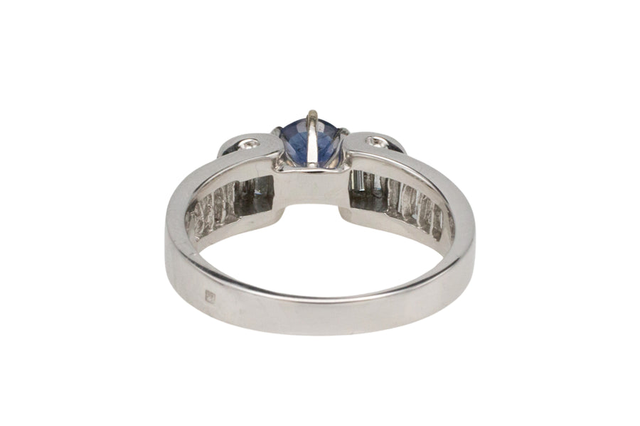 White gold ring with baguette diamonds and sapphire-engagement rings-The Antique Ring Shop