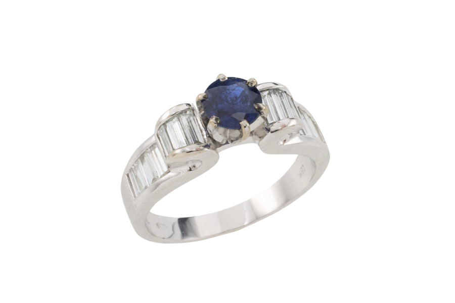 White gold ring with baguette diamonds and sapphire-engagement rings-The Antique Ring Shop
