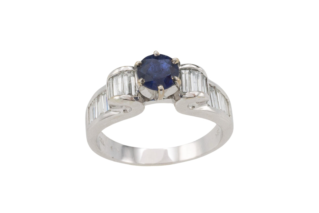 White gold ring with baguette diamonds and sapphire-engagement rings-The Antique Ring Shop