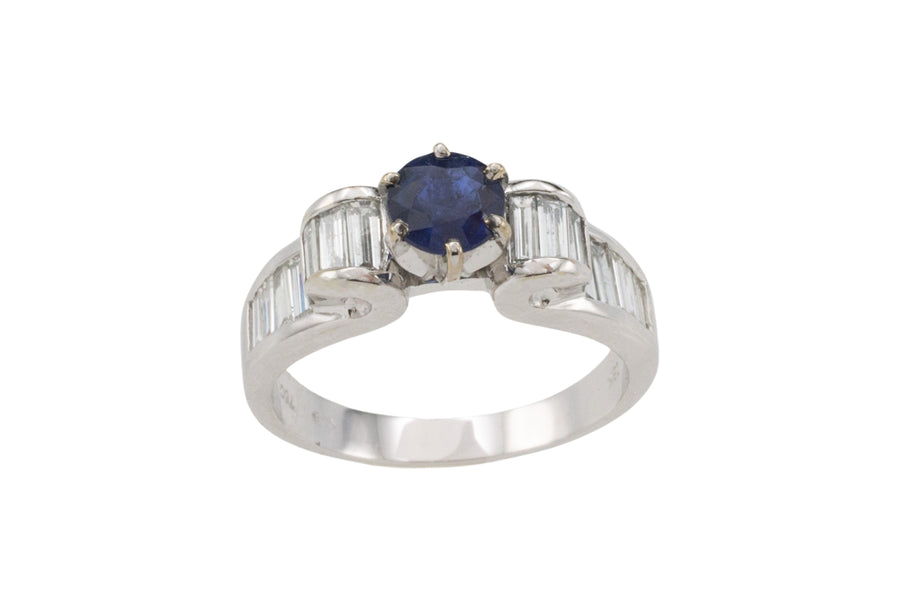 White gold ring with baguette diamonds and sapphire-engagement rings-The Antique Ring Shop