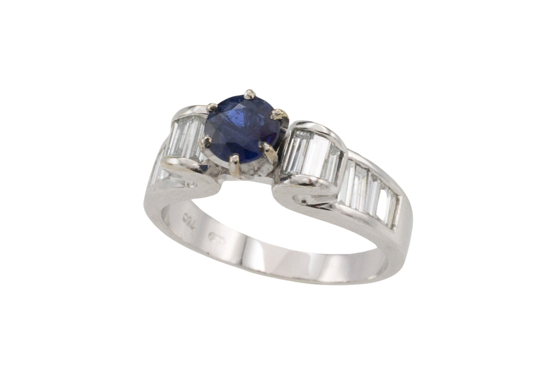 White gold ring with baguette diamonds and sapphire-engagement rings-The Antique Ring Shop