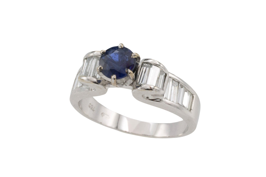 White gold ring with baguette diamonds and sapphire-engagement rings-The Antique Ring Shop