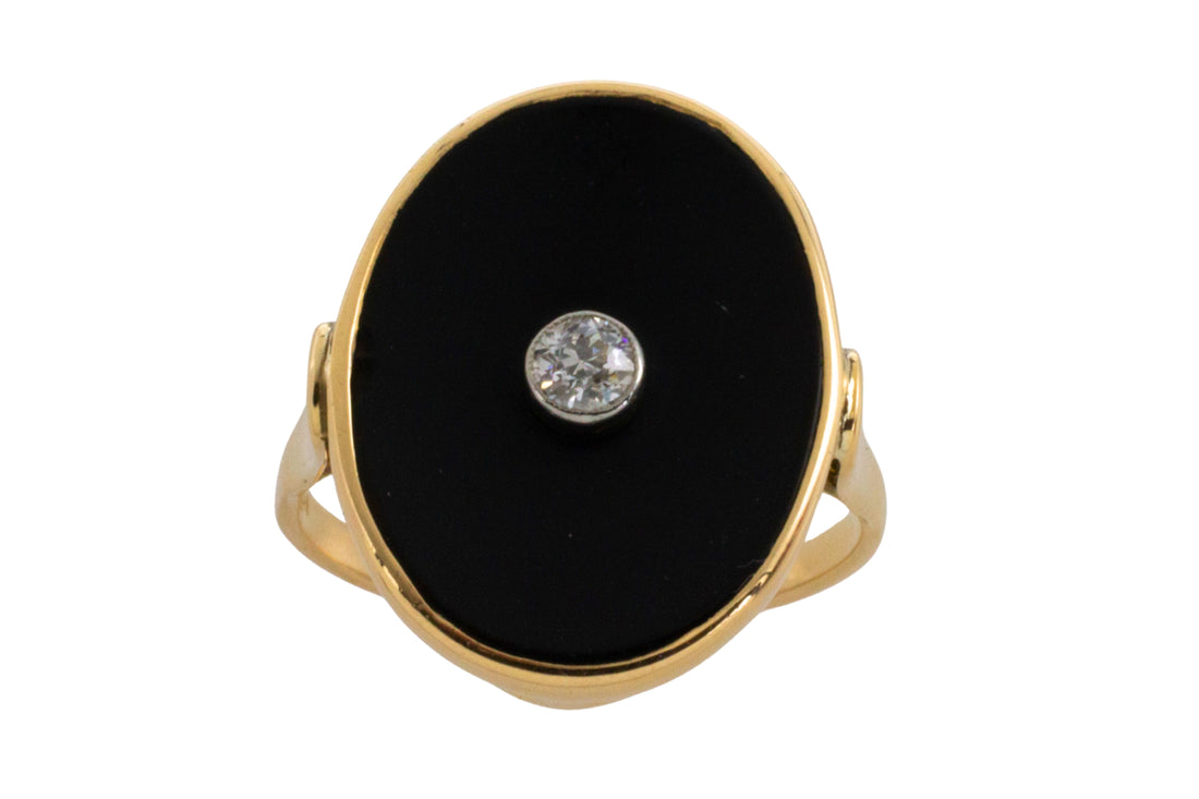 Onyx and old cut diamond ring in 14 carat gold-Vintage Rings-The Antique Ring Shop